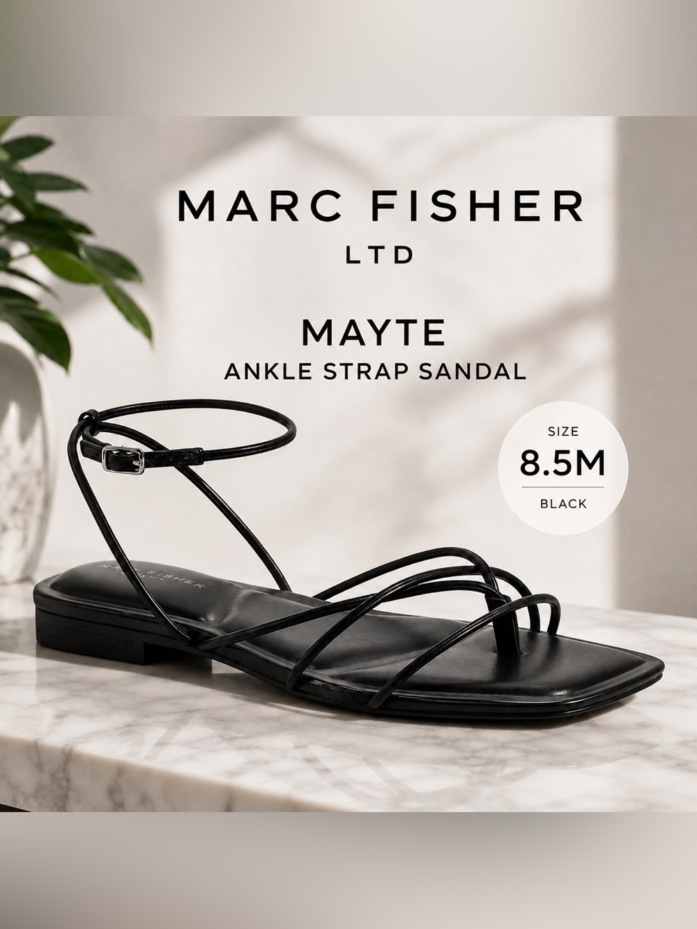 Marc Fisher LTD Mayte Ankle Strap Sandal Black Size 8.5M Strappy Square Toe flat